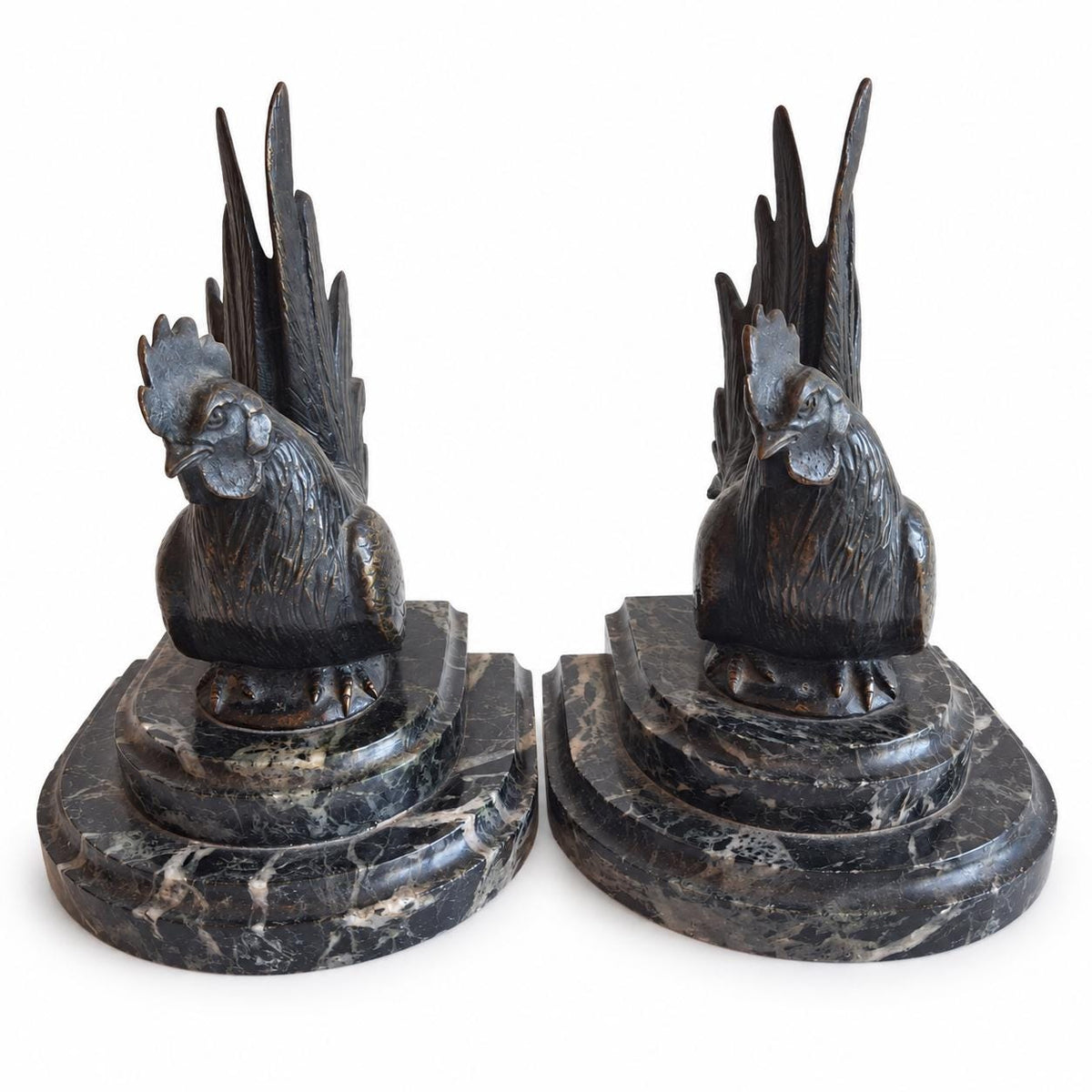 Rooster Bookends Pair, Carlos Van Dionant Signed Bronze Cockerels on Green Marble — Belgian, Early 20th Century