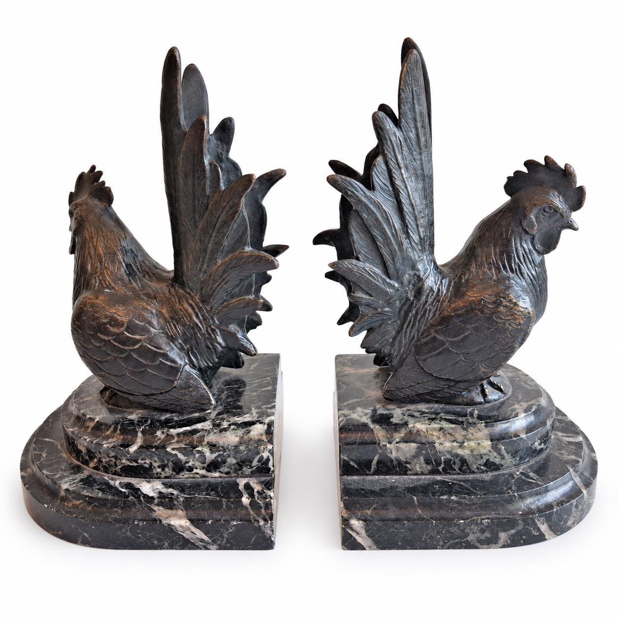Rooster Bookends Pair, Carlos Van Dionant Signed Bronze Cockerels on Green Marble — Belgian, Early 20th Century