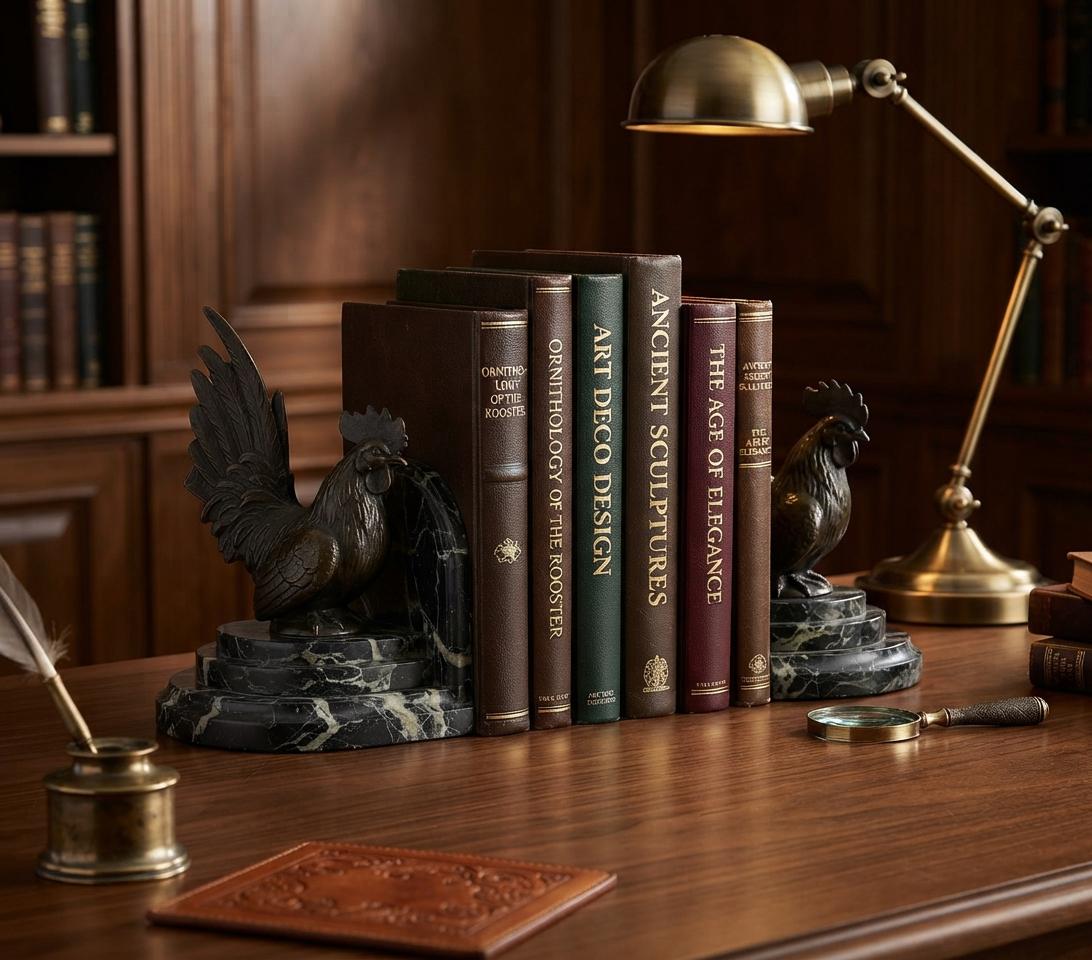 Rooster Bookends Pair, Carlos Van Dionant Signed Bronze Cockerels on Green Marble — Belgian, Early 20th Century