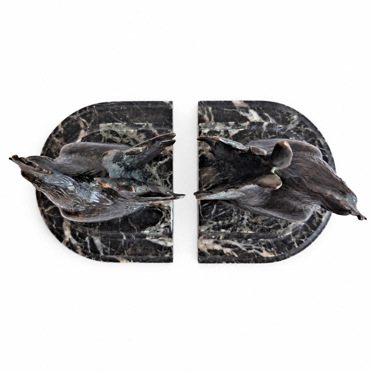 Rooster Bookends Pair, Carlos Van Dionant Signed Bronze Cockerels on Green Marble — Belgian, Early 20th Century