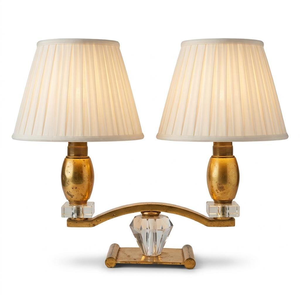 Vintage Art Deco Style Brass and Cut Crystal Two-Light Table Lamp, circa 1940