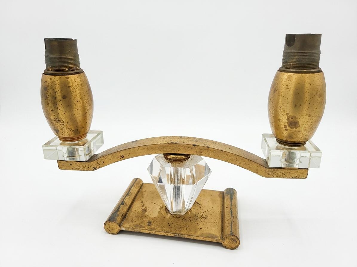 Vintage Art Deco Style Brass and Cut Crystal Two-Light Table Lamp, circa 1940