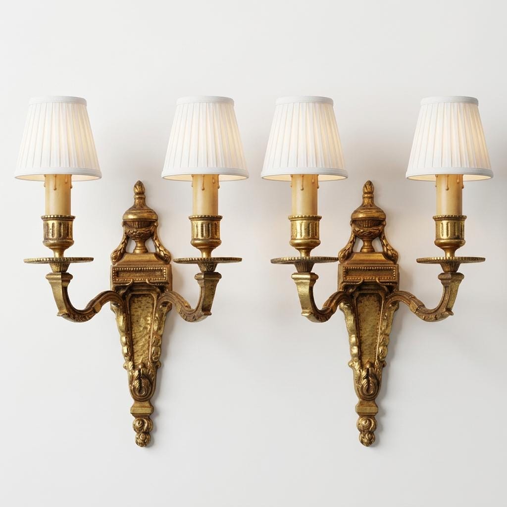 Pair of Antique French Bronze Wall Sconces, Louis XVI Style Double Arm Candle Lights — France, Early 20th Century
