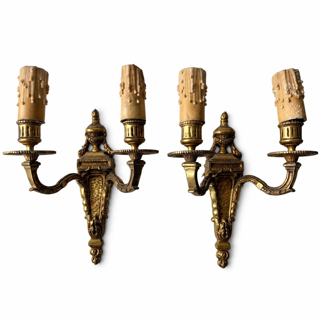 Pair of Antique French Bronze Wall Sconces, Louis XVI Style Double Arm Candle Lights — France, Early 20th Century