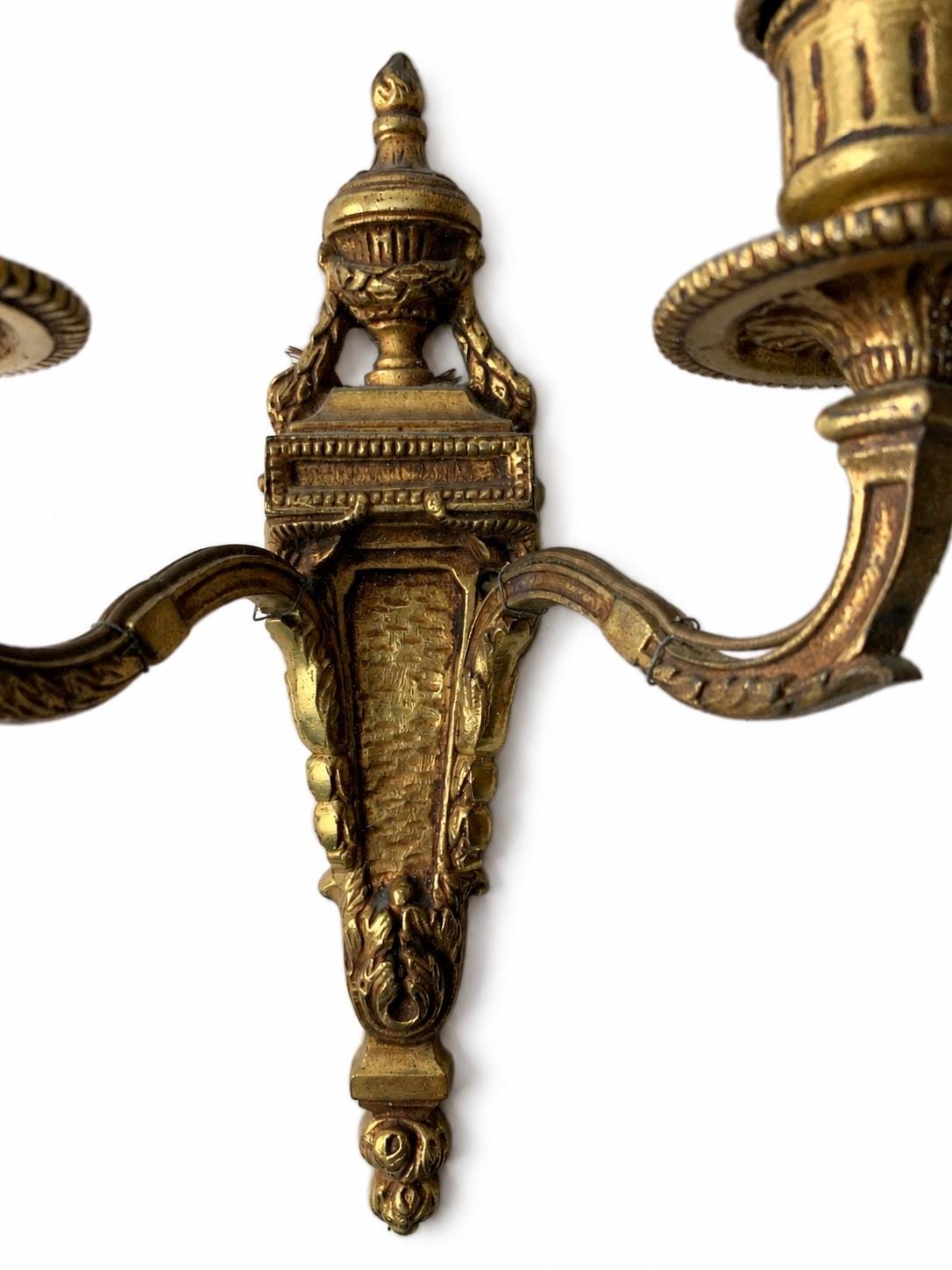 Pair of Antique French Bronze Wall Sconces, Louis XVI Style Double Arm Candle Lights — France, Early 20th Century