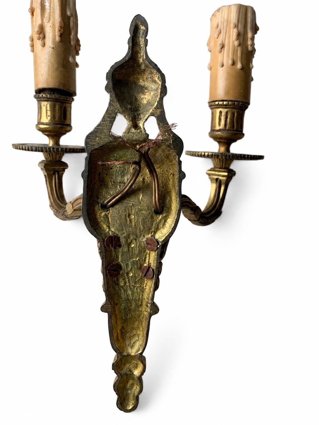 Pair of Antique French Bronze Wall Sconces, Louis XVI Style Double Arm Candle Lights — France, Early 20th Century