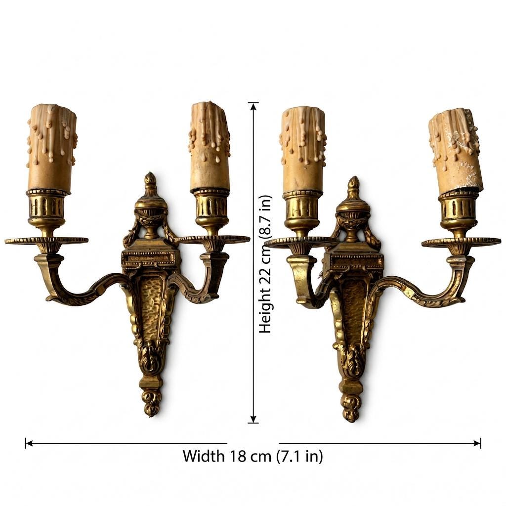 Pair of Antique French Bronze Wall Sconces, Louis XVI Style Double Arm Candle Lights — France, Early 20th Century