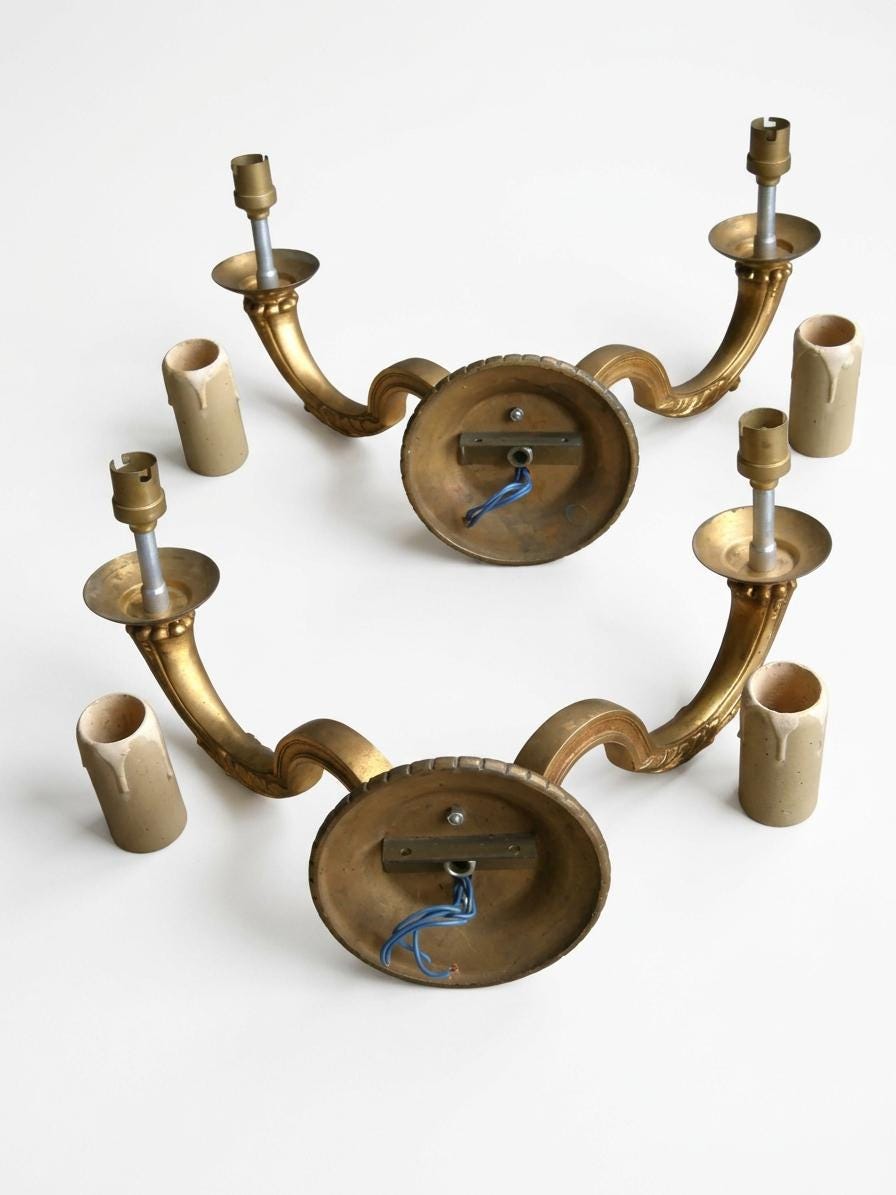 Pair of French Gilt Bronze Double Arm Wall Sconces, Mid-Century — France, circa 1950