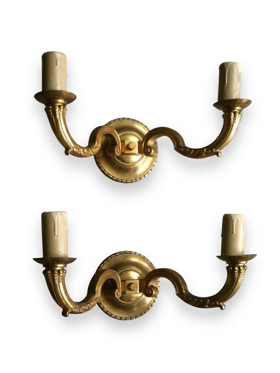Pair of French Gilt Bronze Double Arm Wall Sconces, Mid-Century — France, circa 1950