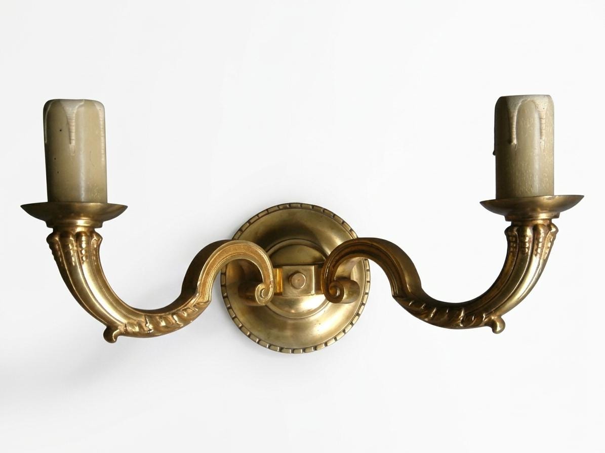 Pair of French Gilt Bronze Double Arm Wall Sconces, Mid-Century — France, circa 1950