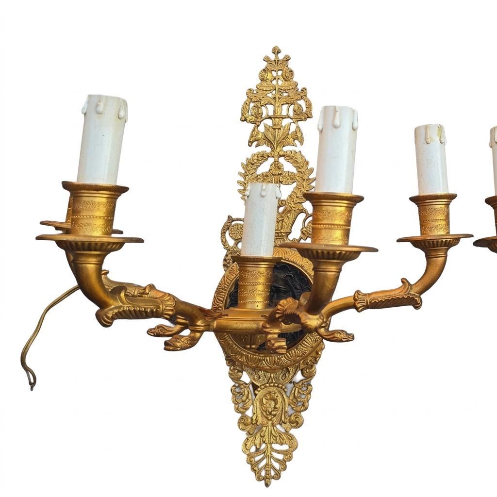 Pair of Antique French Five-Arm Bronze Wall Sconces, Lion Mask Empire Style — France, Early 20th Century