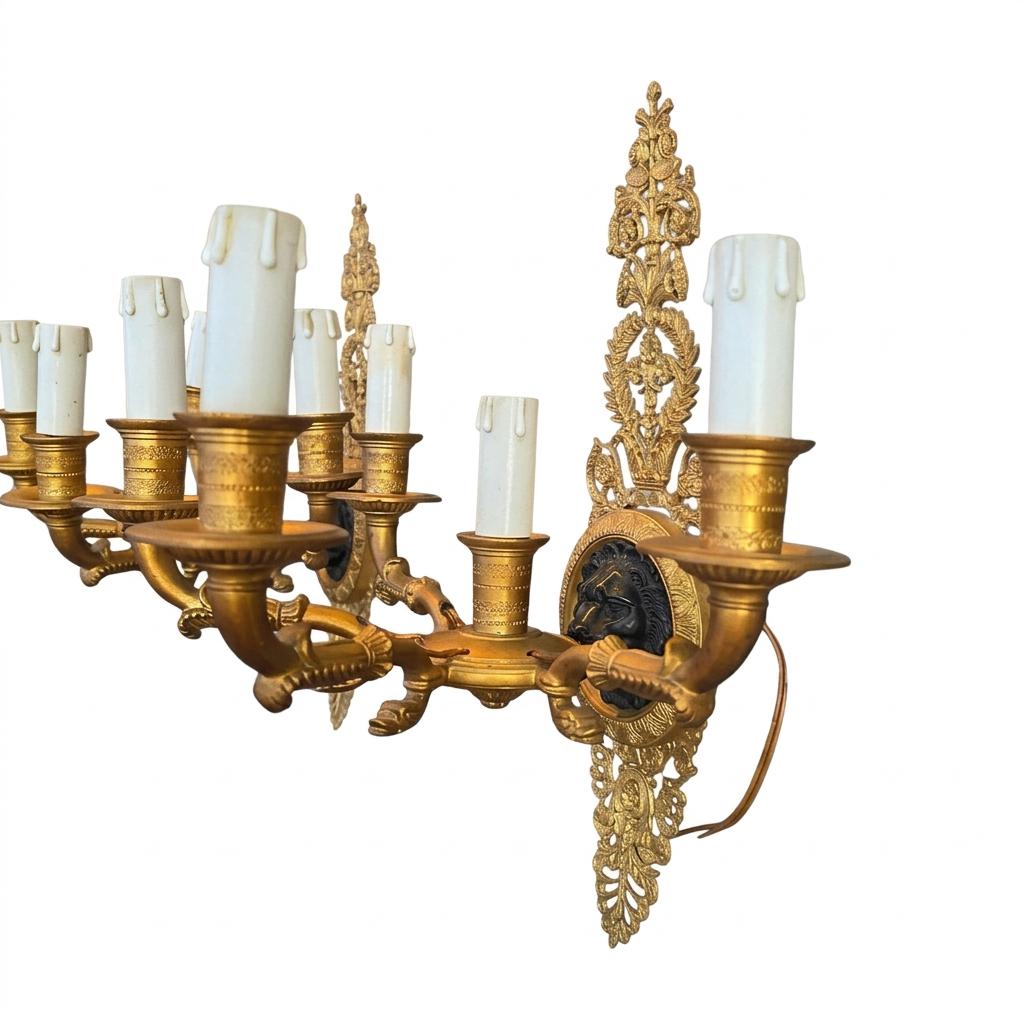 Pair of Antique French Five-Arm Bronze Wall Sconces, Lion Mask Empire Style — France, Early 20th Century
