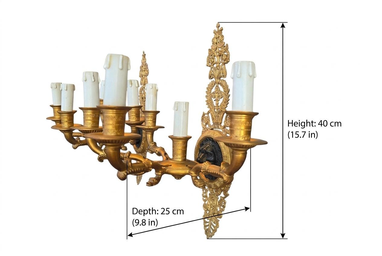 Pair of Antique French Five-Arm Bronze Wall Sconces, Lion Mask Empire Style — France, Early 20th Century