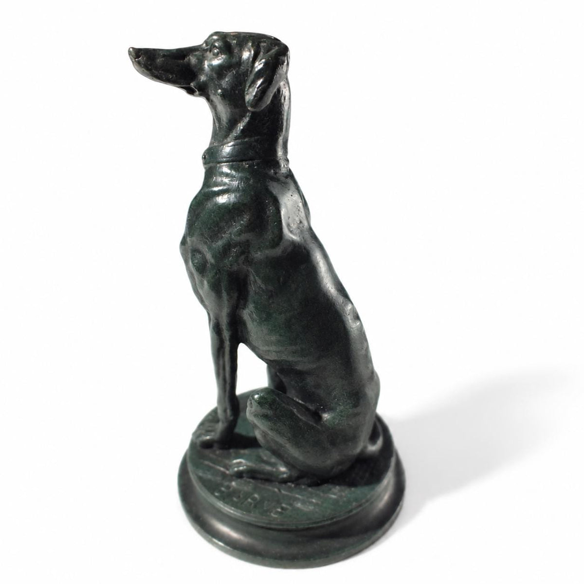 Antique Bronze Sitting Dog Sculpture, Signed Barye, Green Patina — French, Late 19th Early 20th Century