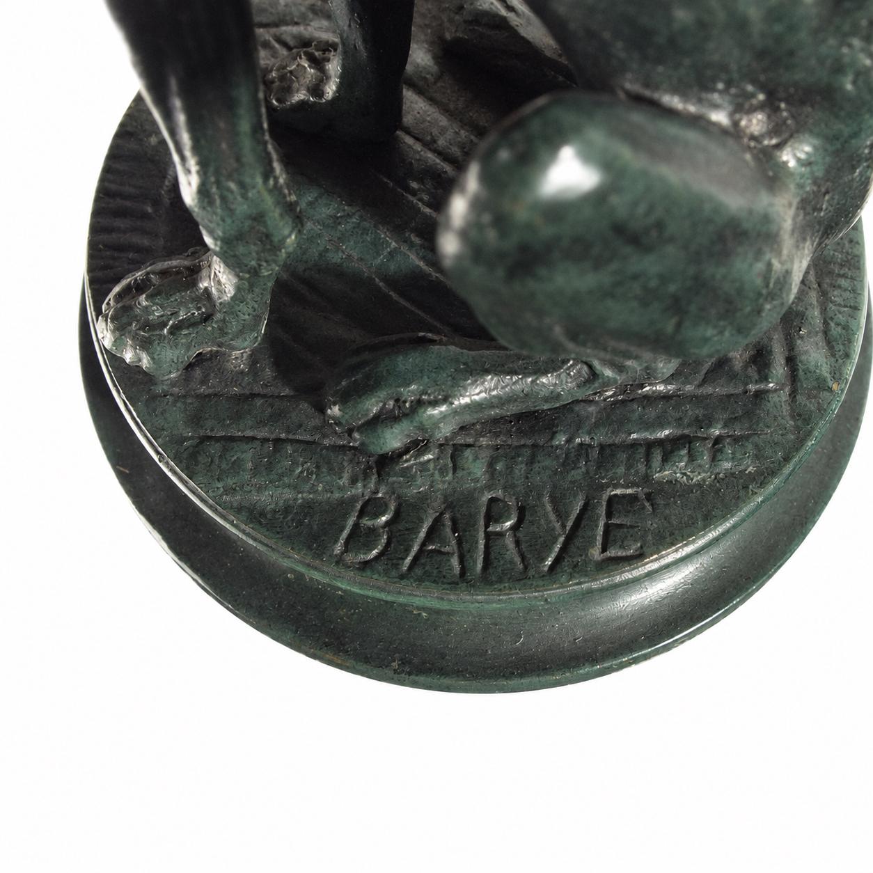 Antique Bronze Sitting Dog Sculpture, Signed Barye, Green Patina — French, Late 19th Early 20th Century