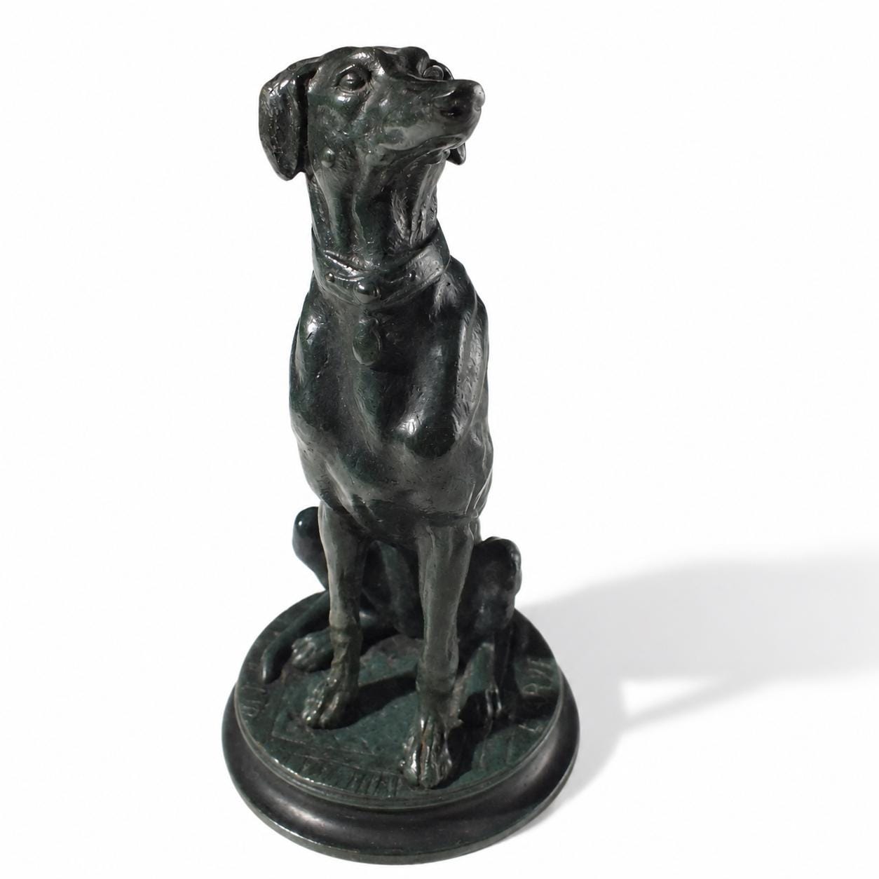 Antique Bronze Sitting Dog Sculpture, Signed Barye, Green Patina — French, Late 19th Early 20th Century