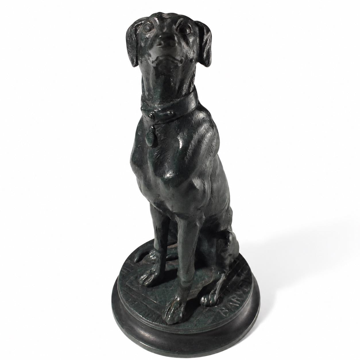 Antique Bronze Sitting Dog Sculpture, Signed Barye, Green Patina — French, Late 19th Early 20th Century