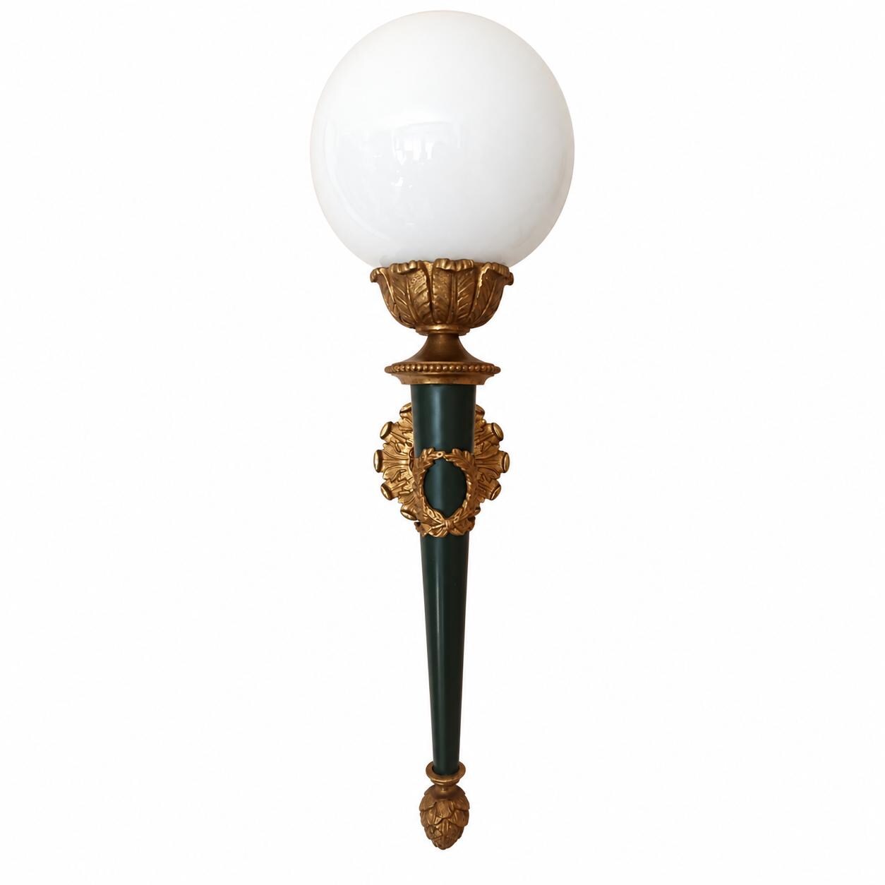 Pair of French Empire Style Wall Sconces, Gilt Bronze and Green Patina with Opaline Globes — France, Mid-20th Century