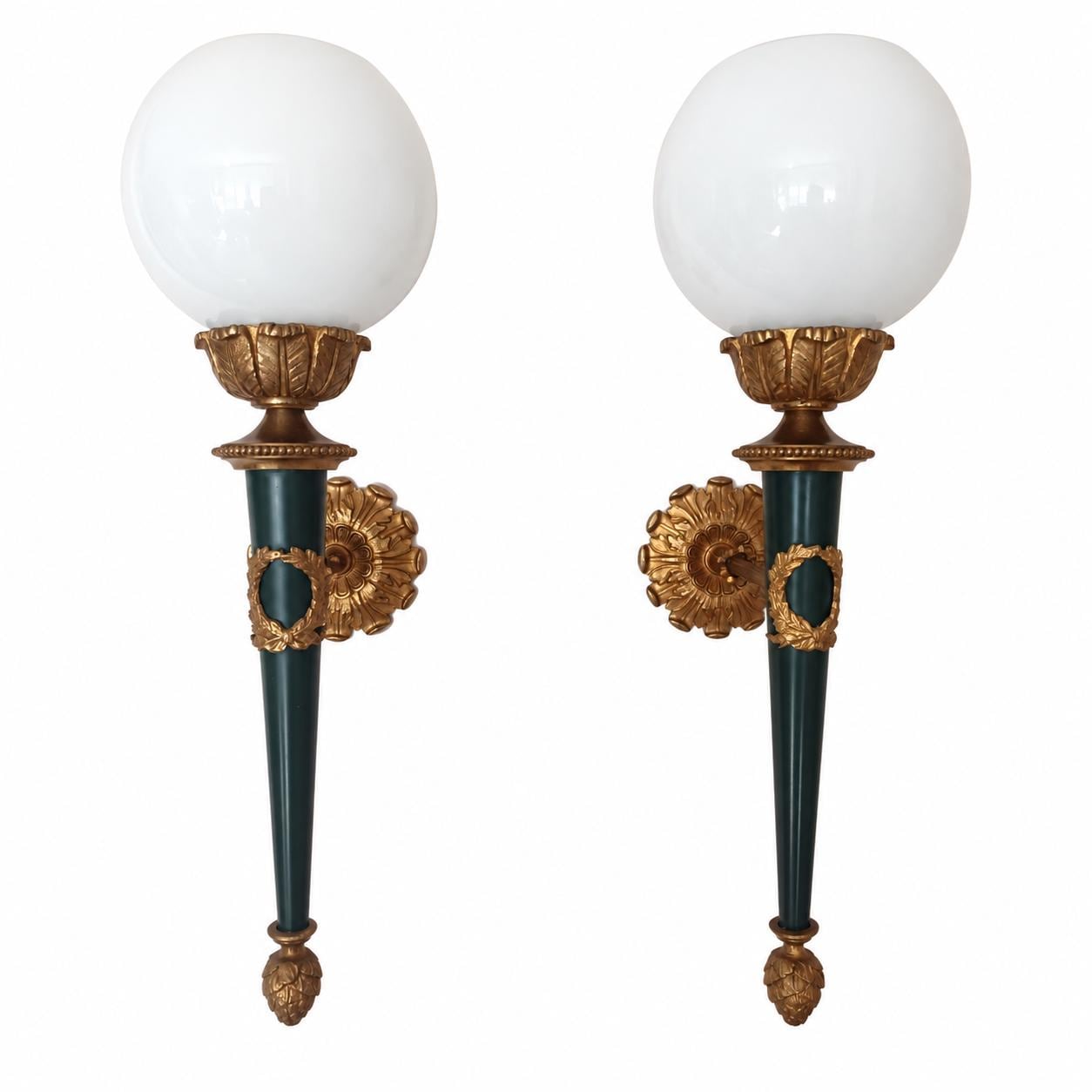 Pair of French Empire Style Wall Sconces, Gilt Bronze and Green Patina with Opaline Globes — France, Mid-20th Century
