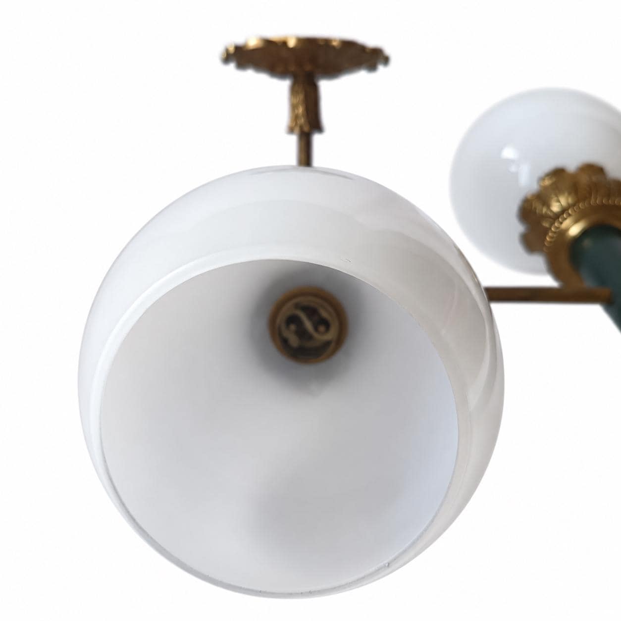 Pair of French Empire Style Wall Sconces, Gilt Bronze and Green Patina with Opaline Globes — France, Mid-20th Century