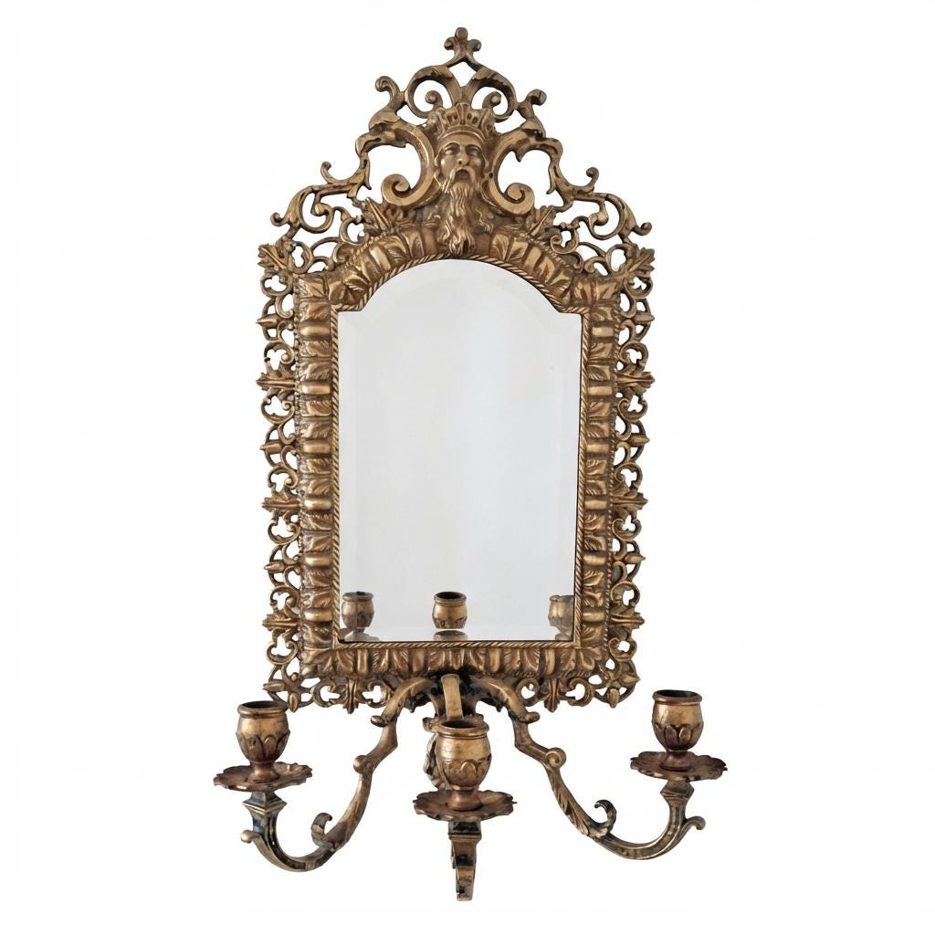 Antique Bronze Mirror Wall Sconce, Renaissance Style with Three Candle Arms and Mask Crest — Continental, 19th Century