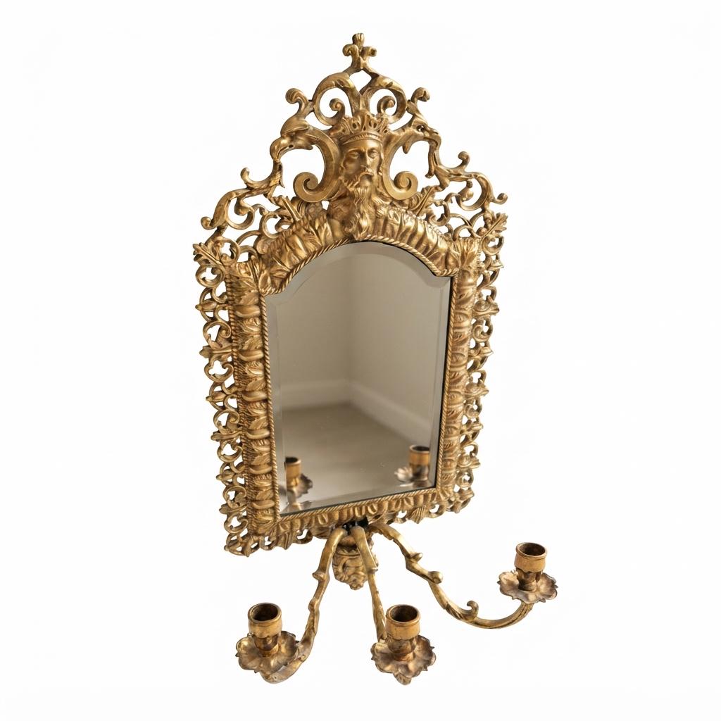 Antique Bronze Mirror Wall Sconce, Renaissance Style with Three Candle Arms and Mask Crest — Continental, 19th Century