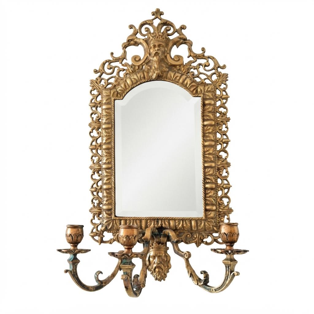 Antique Bronze Mirror Wall Sconce, Renaissance Style with Three Candle Arms and Mask Crest — Continental, 19th Century