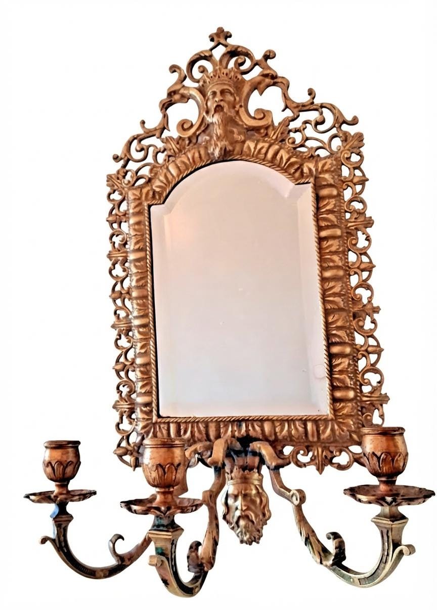 Antique Bronze Mirror Wall Sconce, Renaissance Style with Three Candle Arms and Mask Crest — Continental, 19th Century