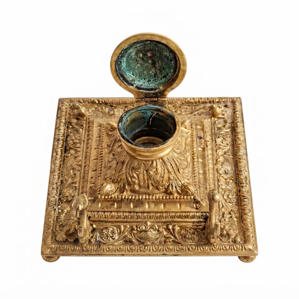 Antique French Victorian Bronze Inkwell, Gilt Square Desk Inkstand with Pen Rests — France, 19th Century
