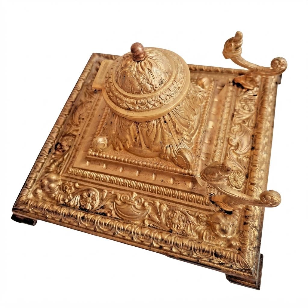 Antique French Victorian Bronze Inkwell, Gilt Square Desk Inkstand with Pen Rests — France, 19th Century