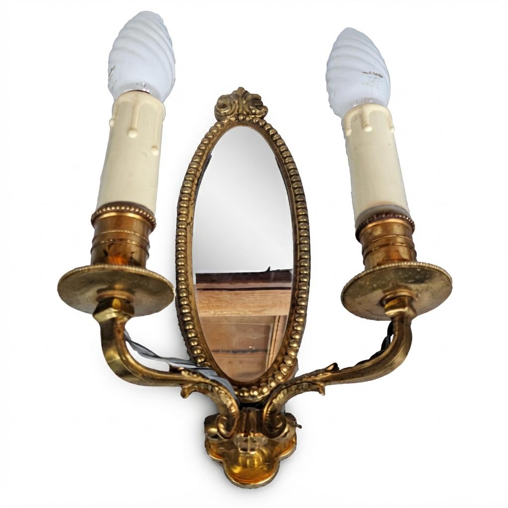 Pair of French Vintage Gilt Brass Wall Sconces, Two Arm with Oval Mirror Backplate — France, Mid-20th Century