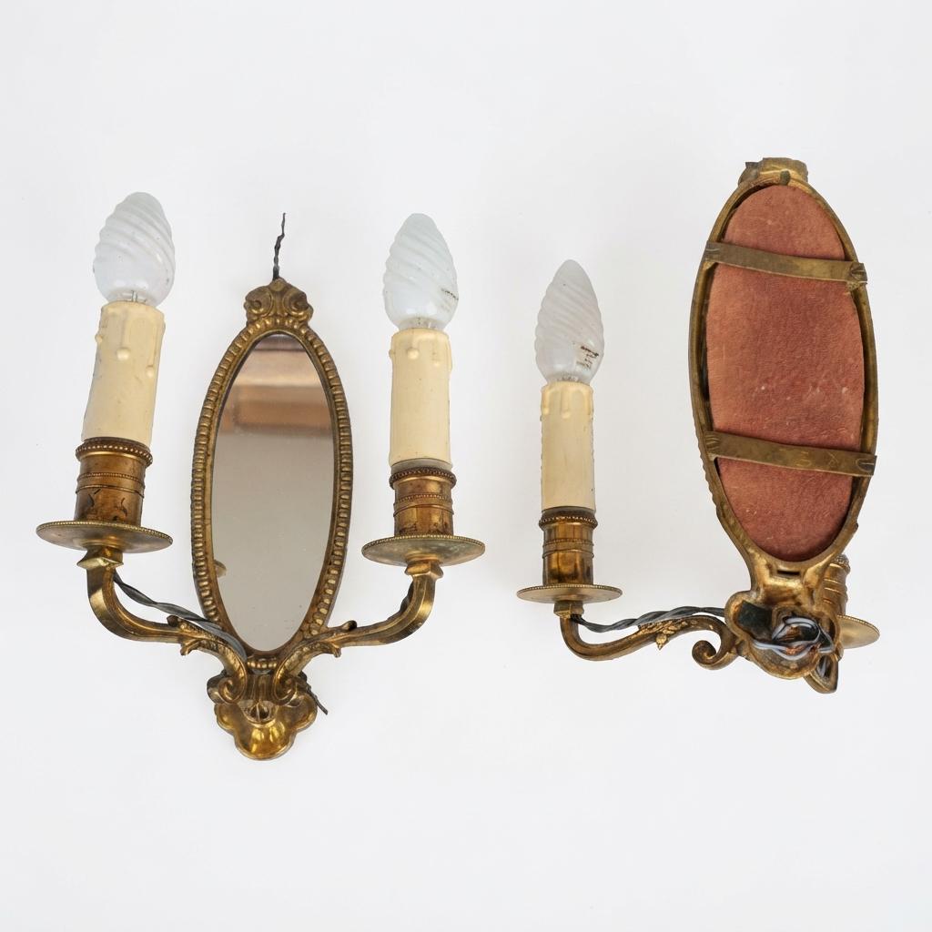 Pair of French Vintage Gilt Brass Wall Sconces, Two Arm with Oval Mirror Backplate — France, Mid-20th Century