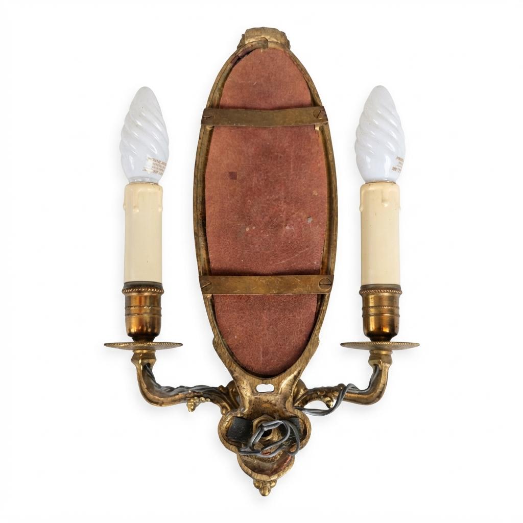 Pair of French Vintage Gilt Brass Wall Sconces, Two Arm with Oval Mirror Backplate — France, Mid-20th Century