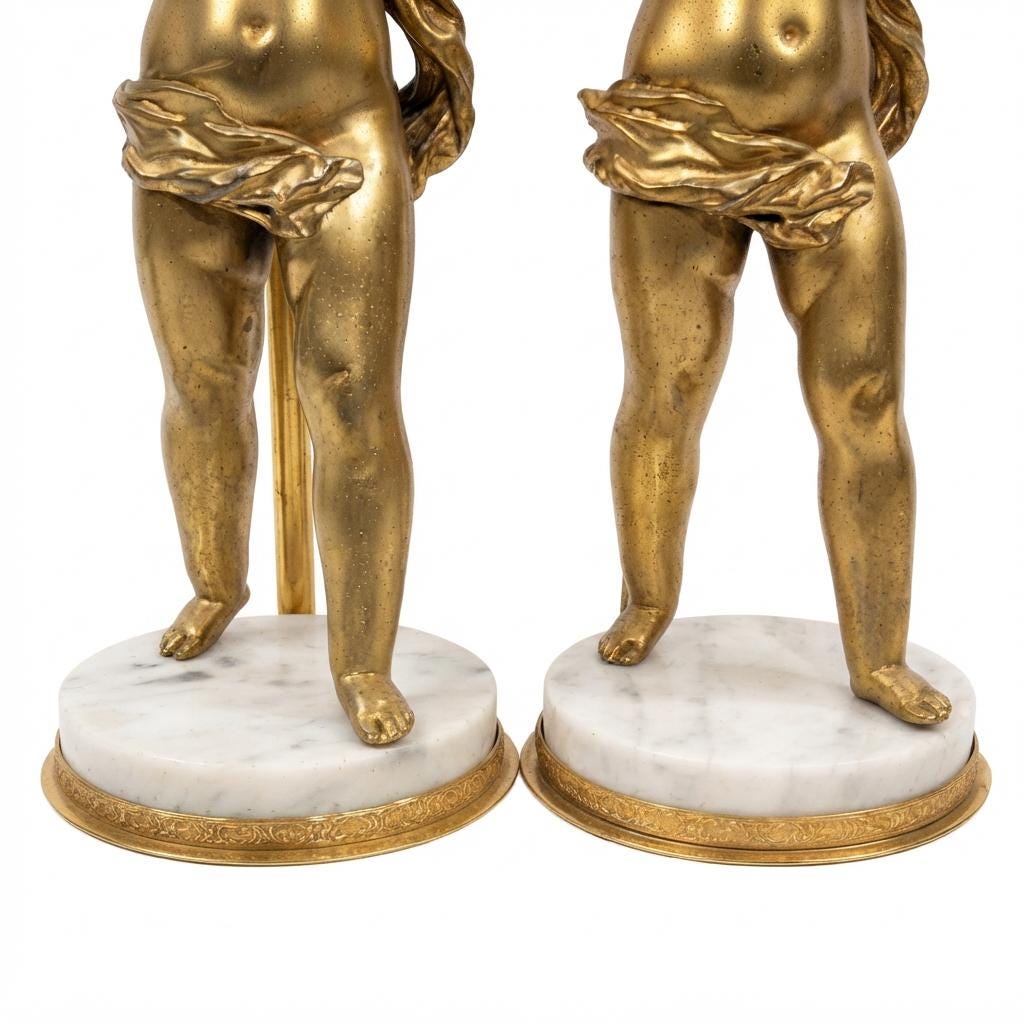 Pair of French Gilt Putti Table Lamps, Winged Cherub Figures on White Marble Bases — France, Early 20th Century