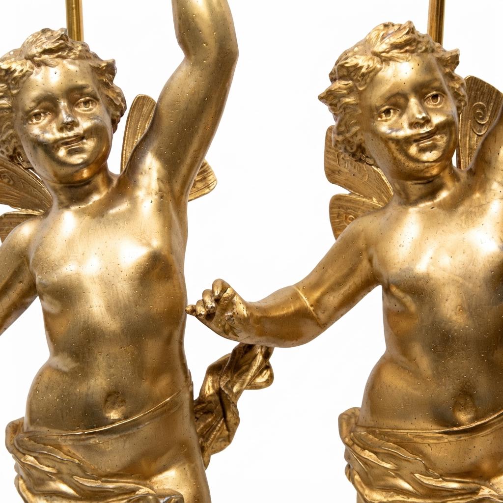 Pair of French Gilt Putti Table Lamps, Winged Cherub Figures on White Marble Bases — France, Early 20th Century