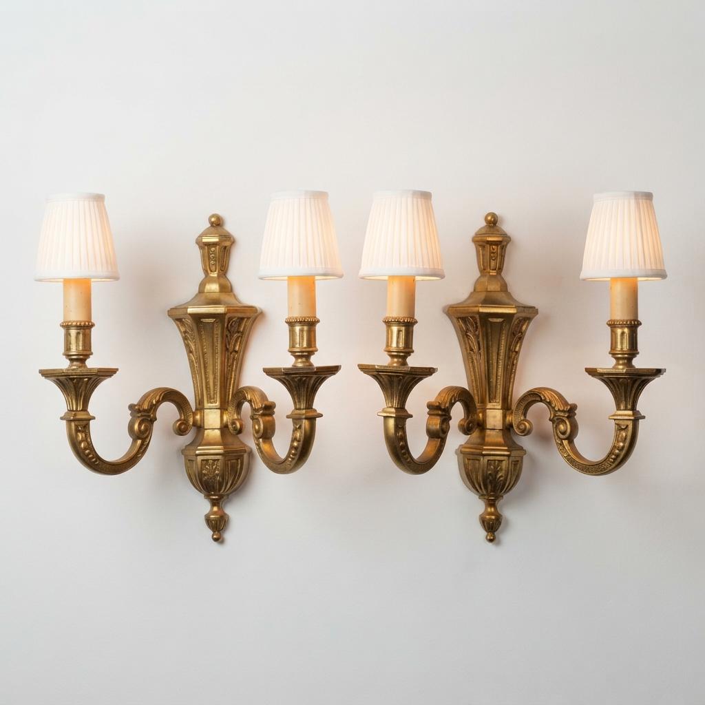 Pair of French Gilt Bronze Double Arm Wall Sconces, Neoclassical Urn Form — France, Early 20th Century