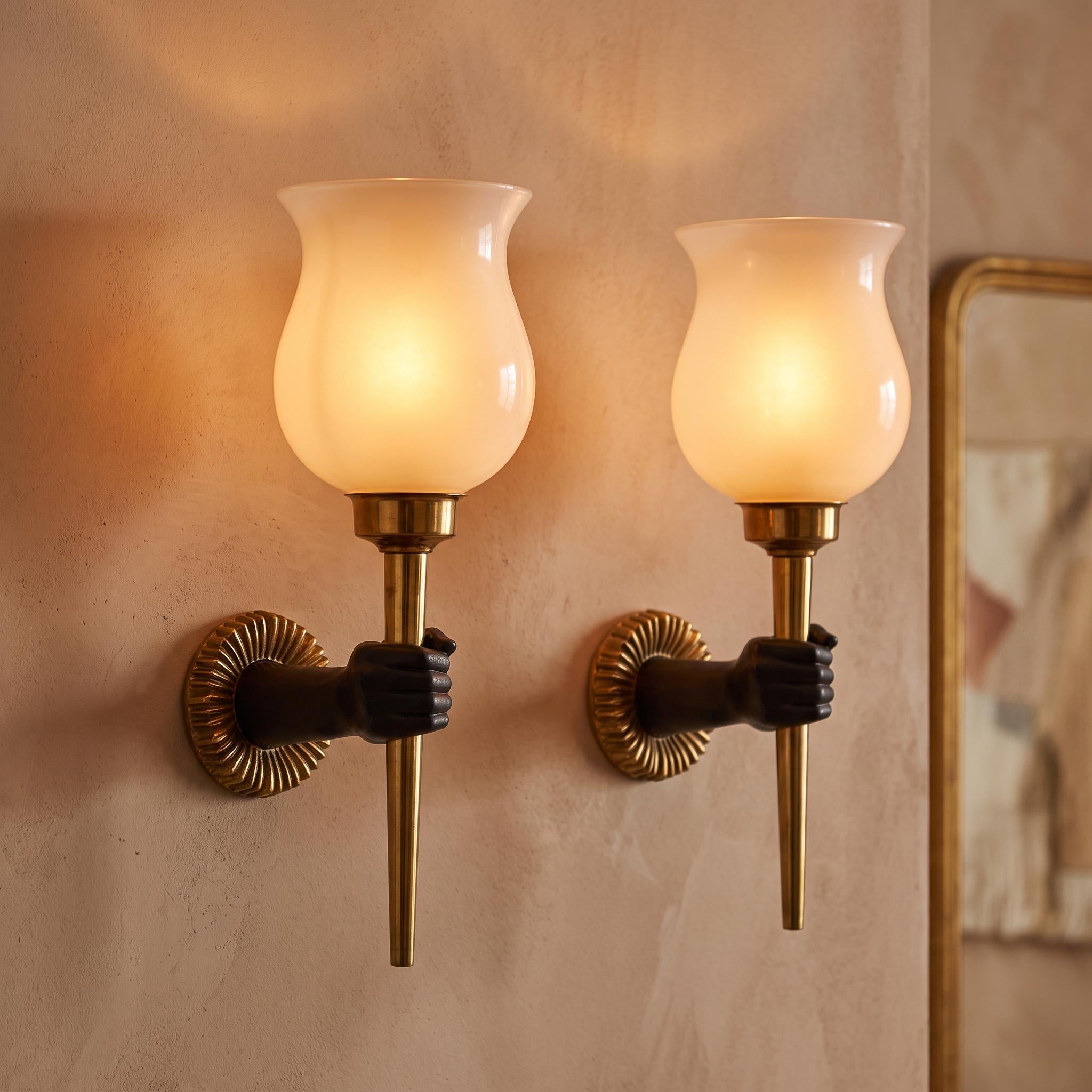Pair of French Bronze Wall Sconces, Nubian Hand Holding Torch, Arlus — France, circa 1960
