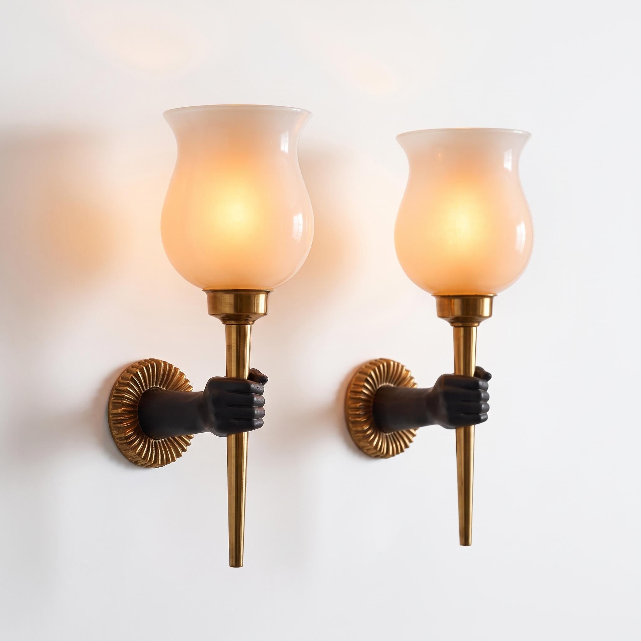 Pair of French Bronze Wall Sconces, Nubian Hand Holding Torch, Arlus — France, circa 1960