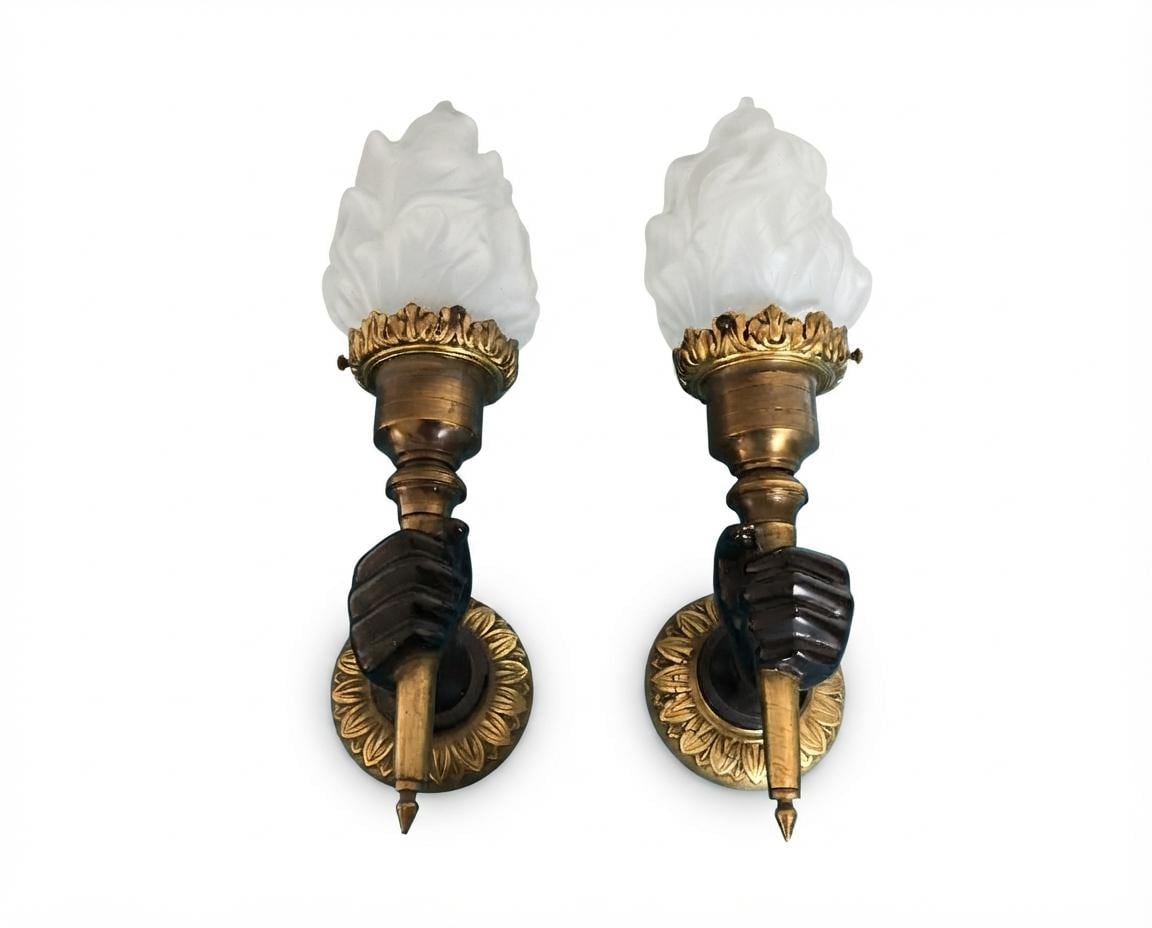 Pair of French Bronze Wall Sconces, Hand Holding Torch with Frosted Flame Glass Globes — France, Mid-20th Century