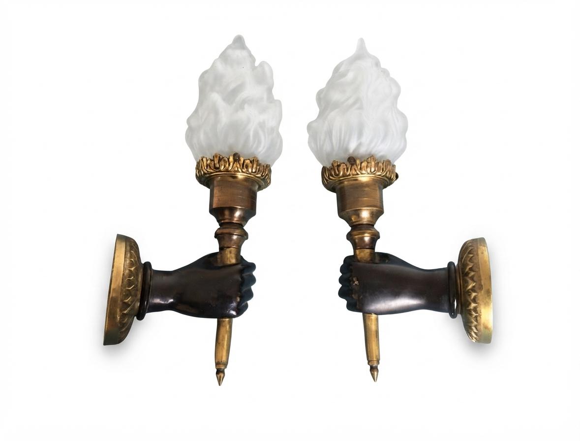 Pair of French Bronze Wall Sconces, Hand Holding Torch with Frosted Flame Glass Globes — France, Mid-20th Century