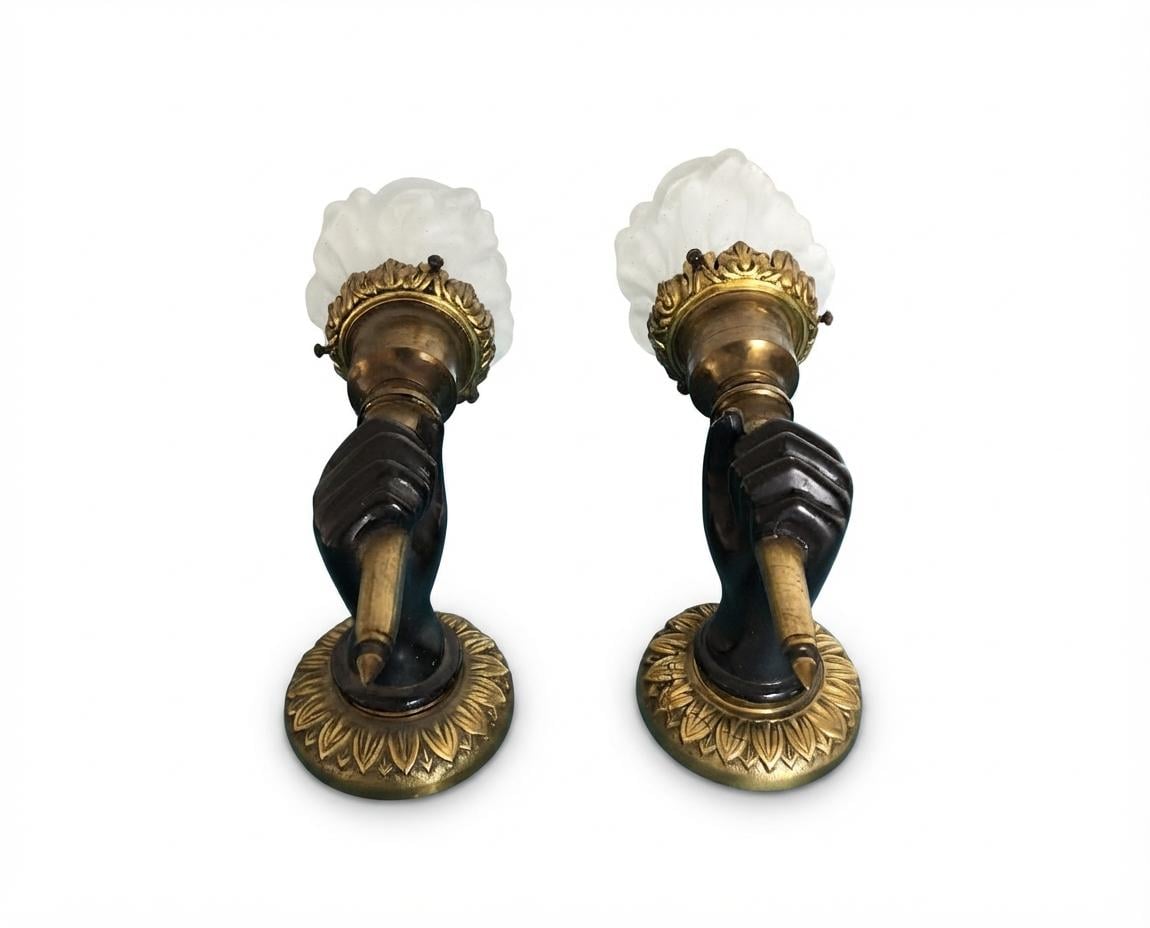 Pair of French Bronze Wall Sconces, Hand Holding Torch with Frosted Flame Glass Globes — France, Mid-20th Century