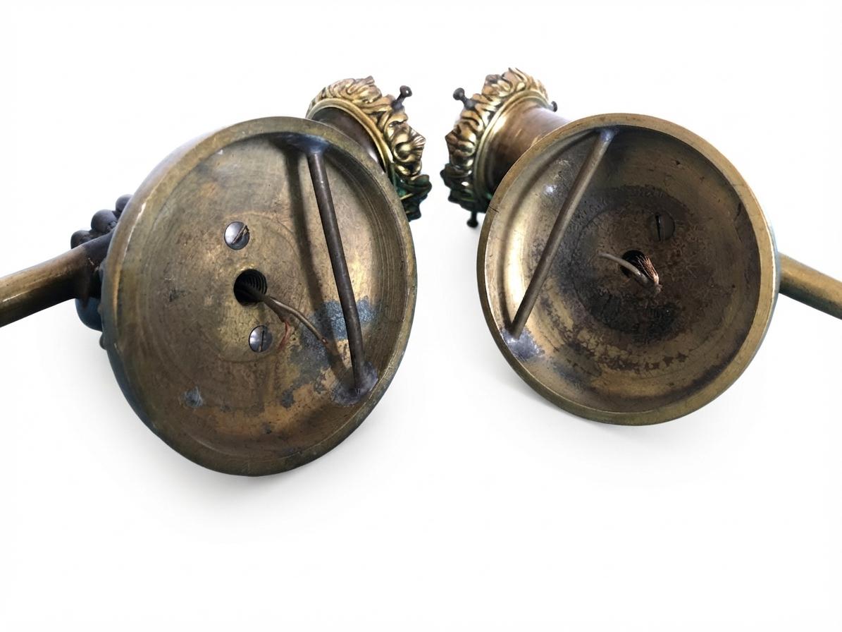 Pair of French Bronze Wall Sconces, Hand Holding Torch with Frosted Flame Glass Globes — France, Mid-20th Century