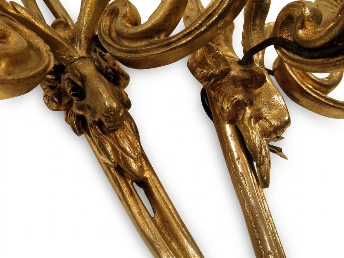 Pair of French Gilt Bronze Wall Sconces, Louis XVI Bow and Ram's Head — France, Early 20th Century