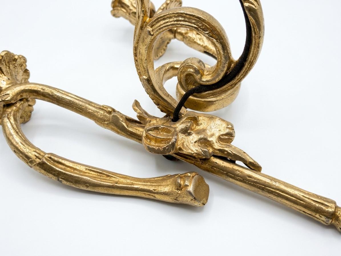 Pair of French Gilt Bronze Wall Sconces, Louis XVI Bow and Ram's Head — France, Early 20th Century