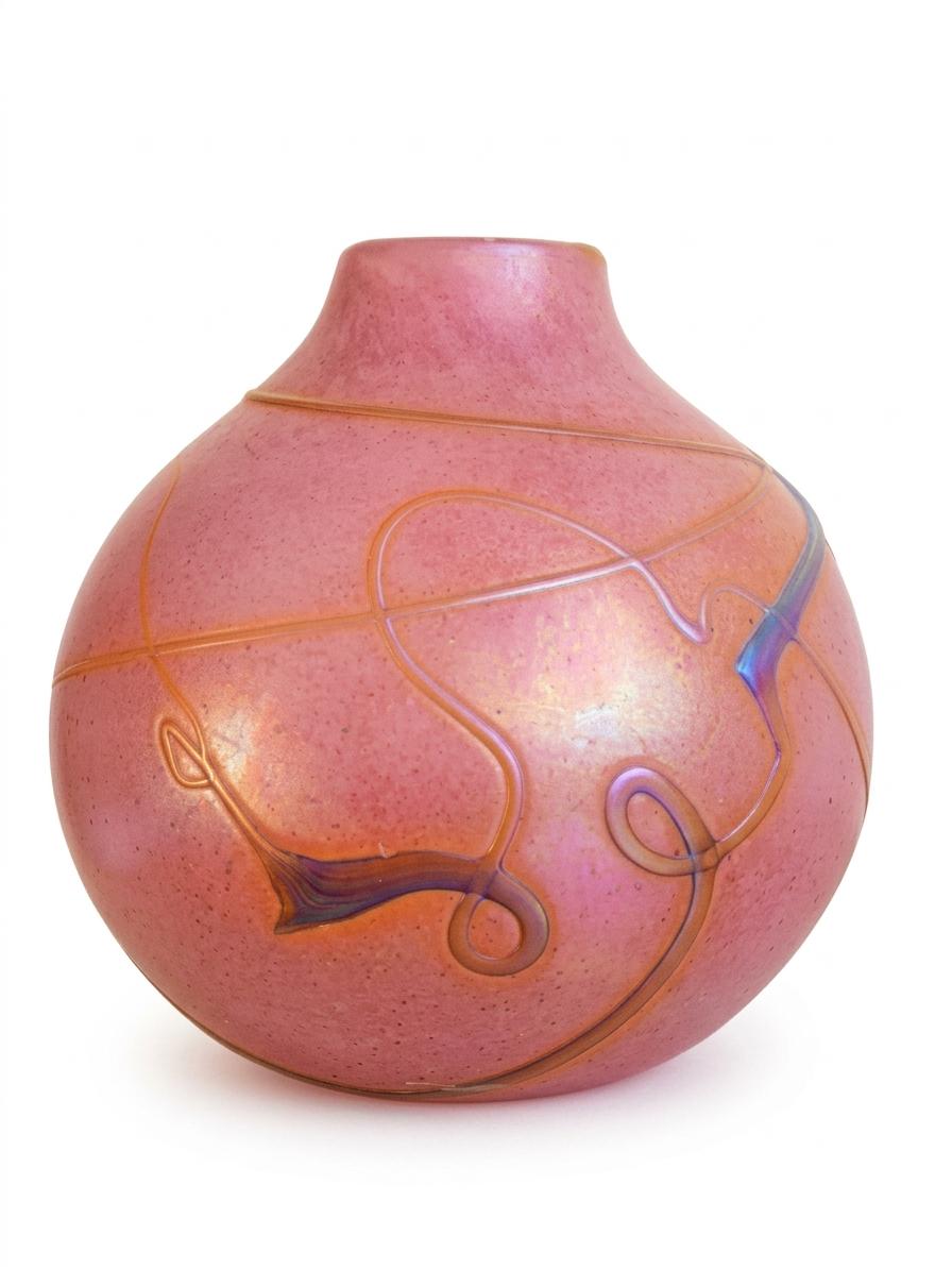 Signed Art Glass Vase, Aconito Guyot Biot, Iridescent Blue on Rose — France, 1988