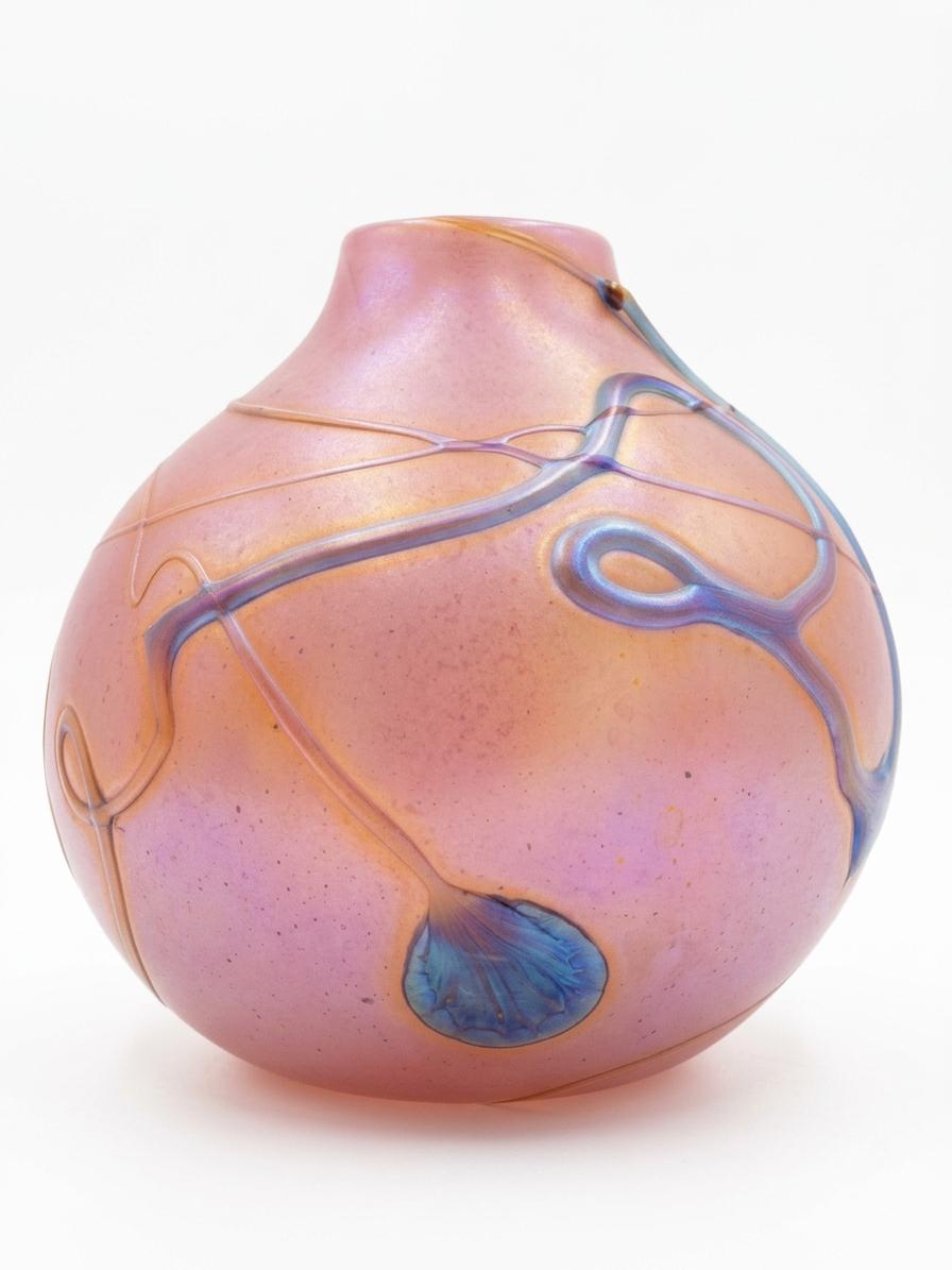 Signed Art Glass Vase, Aconito Guyot Biot, Iridescent Blue on Rose — France, 1988