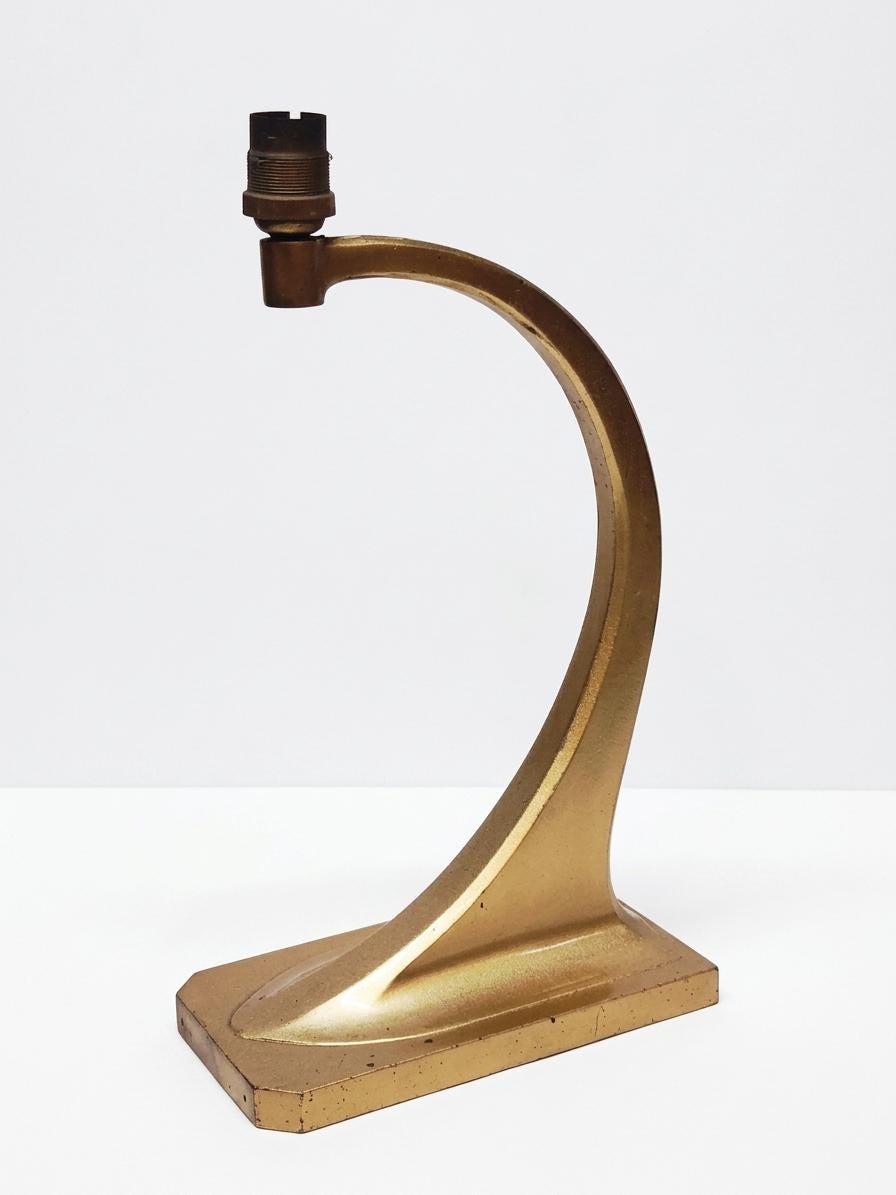 Antique French Art Deco Table Lamp Base, Gilt Régule Swan Neck, Numbered Model — France, circa 1930