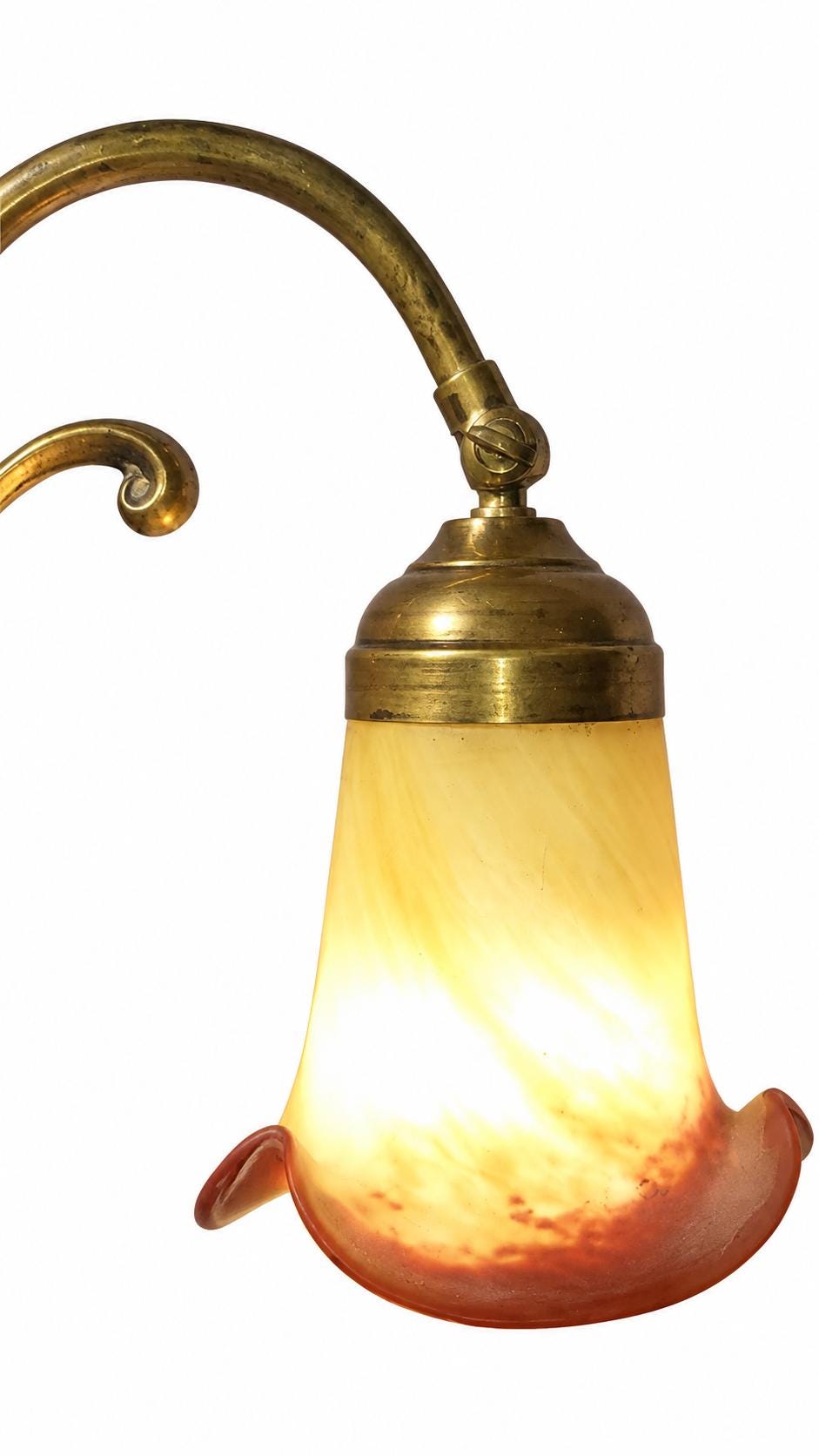 Antique French Brass Adjustable Desk Lamp, Signed Vianne Pâte de Verre Shade — France, Mid-20th Century