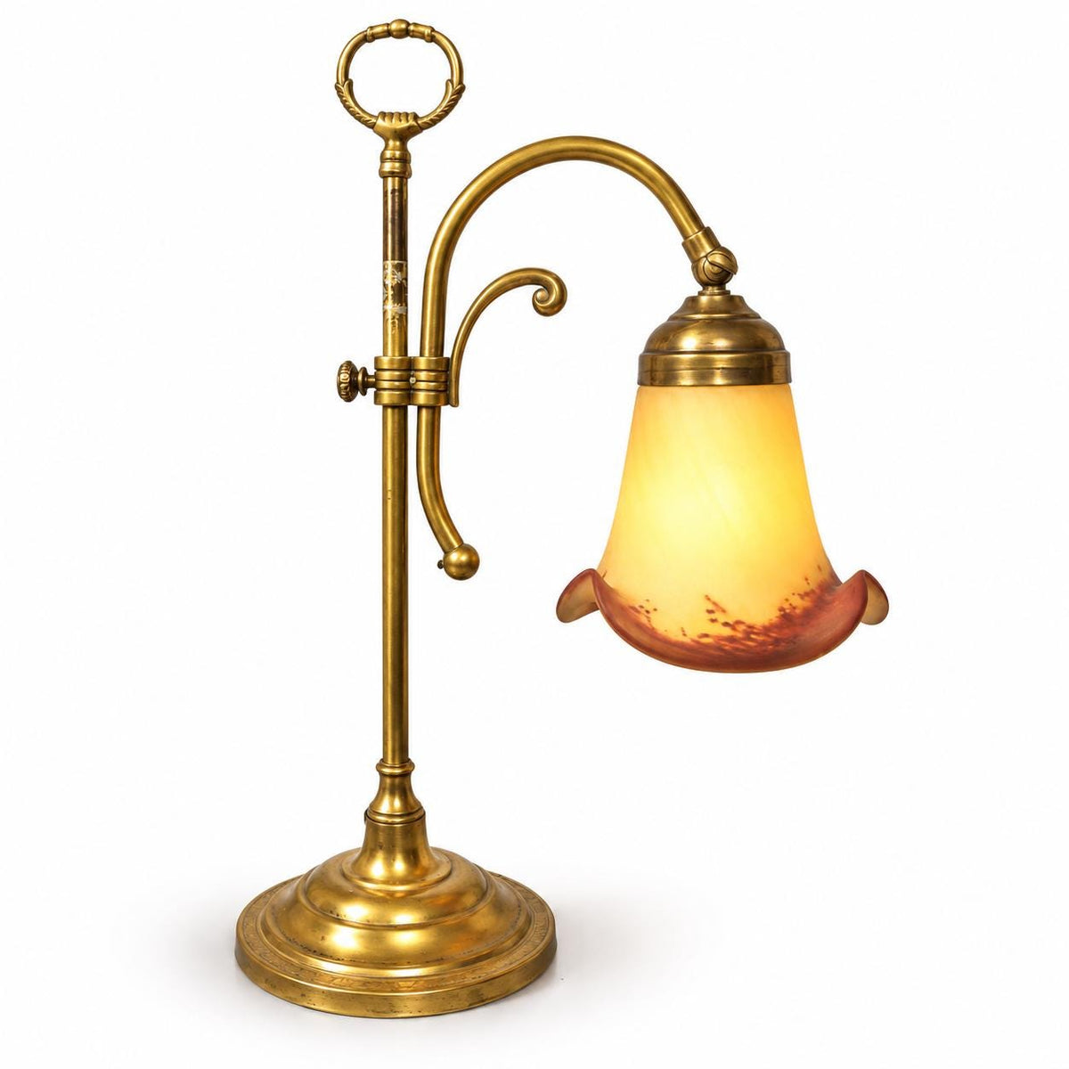 Antique French Brass Adjustable Desk Lamp, Signed Vianne Pâte de Verre Shade — France, Mid-20th Century