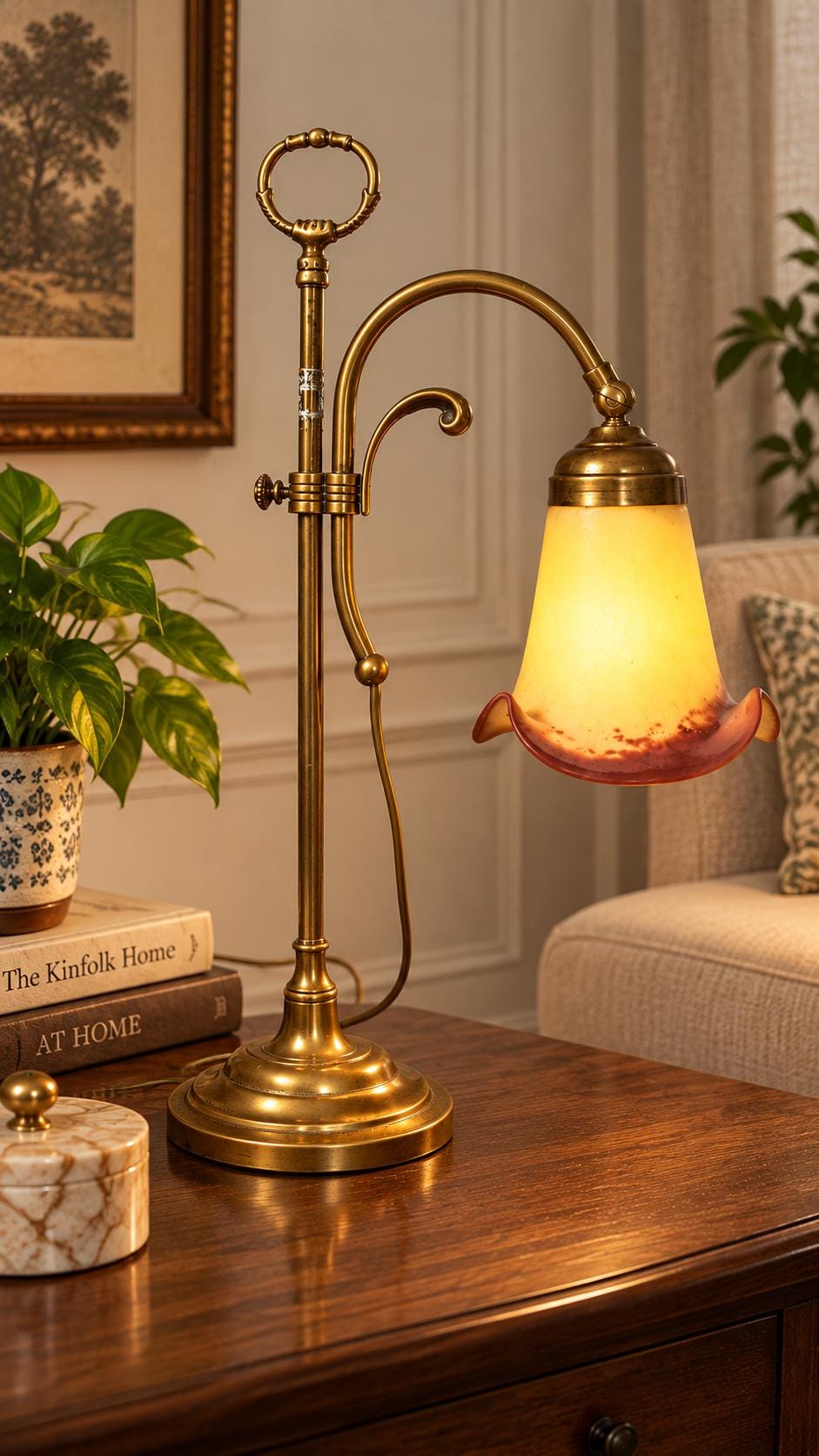 Antique French Brass Adjustable Desk Lamp, Signed Vianne Pâte de Verre Shade — France, Mid-20th Century